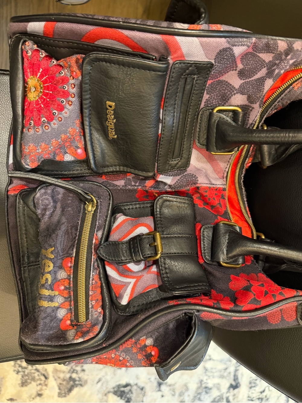 Desigual Red and Black Floral Canvas Tote with Brass Accents